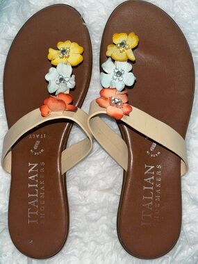 Italian Shoemakers Brown Sandals with Beige Straps and Floral Accents